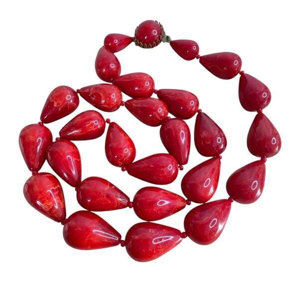 Vintage Marbled Red Bakelite Beaded Necklace 26 In 1940s 93 Grams - Picture 5 of 12